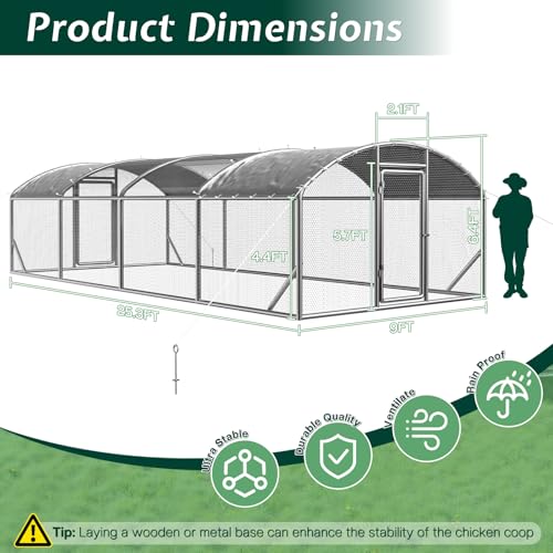 Jocisland 9x25.3x6.4 FT Large Walk-in Chicken Coop with 2 Hinged Doors, Dome Roof, PE Cover & Wire Mesh for Backyard Hen, Duck, Rabbit, Easy to Install Metal Poultry Run