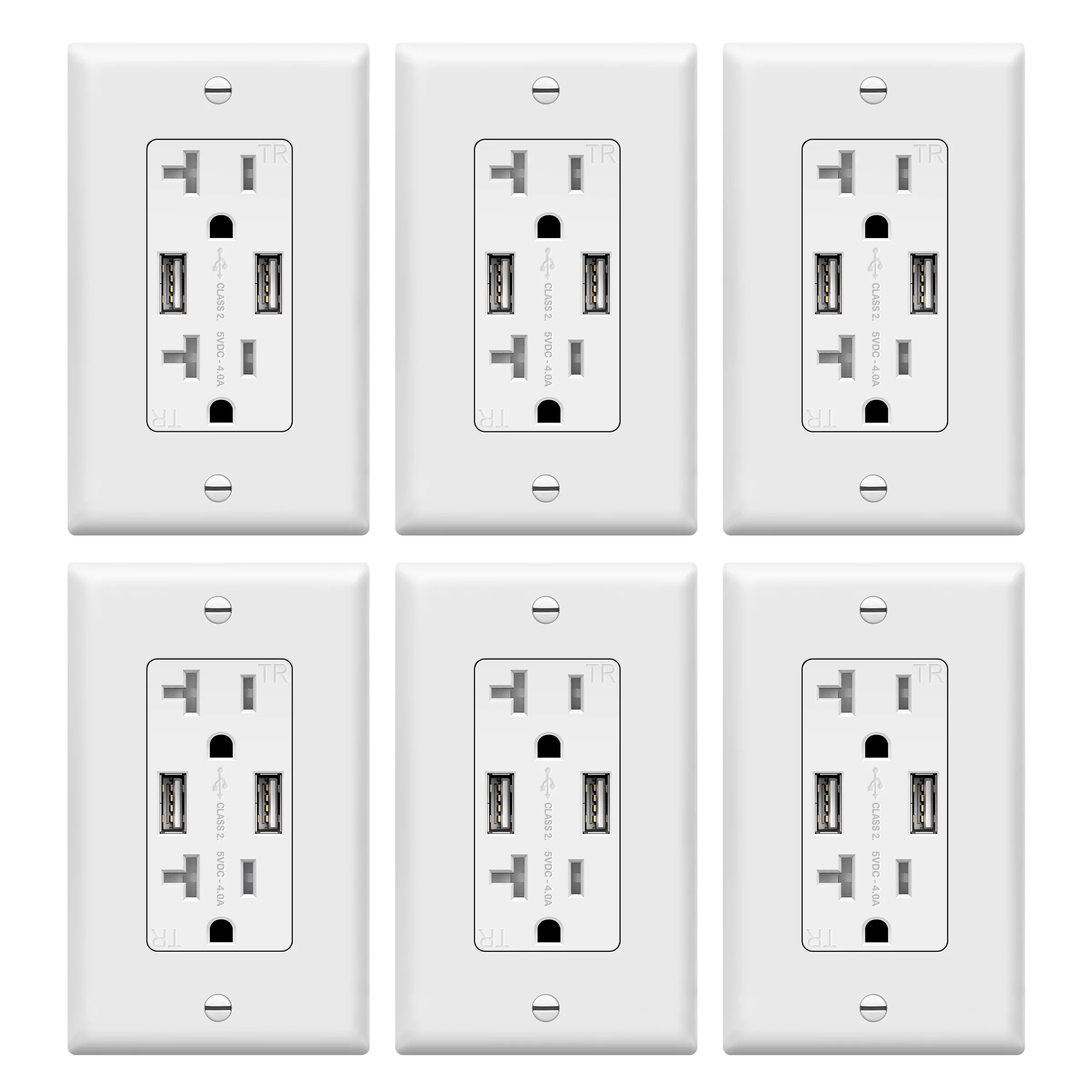 TOPGREENER 4A High Speed USB Wall Outlet Charger, 20Amp Tamper-Resistant Receptacle Plug, Charging Power Outlet with USB Ports, Electrical USB Socket, UL Listed, TU2204A-6PCS, White, 6 Pack