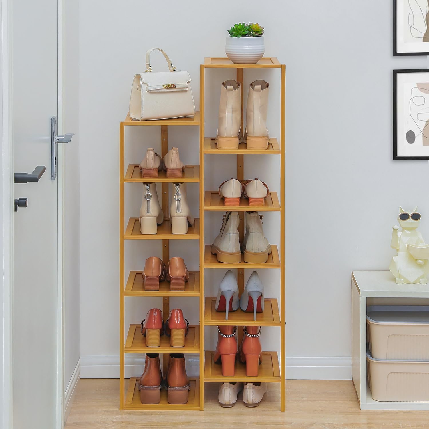 Magshion Bamboo 12-Tier Vertical Double Row Shoe Rack - Space Saver Shoe Organizer - Freestanding Cabinet Storage Organizer for Small Spaces, Corner, Bedroom, Entryway (Natural)