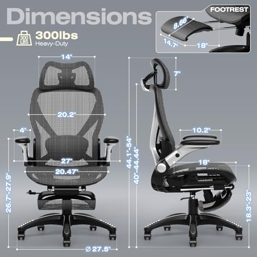 X100 Ergonomic Office Chair with Footrest, Big and Tall Home Desk Chair with 5D Flip-Up Arms, Adjustable 3D Adaptive Lumbar Support,High Back Rolling Computer Chair, Swivel Gaming Mesh Chairs