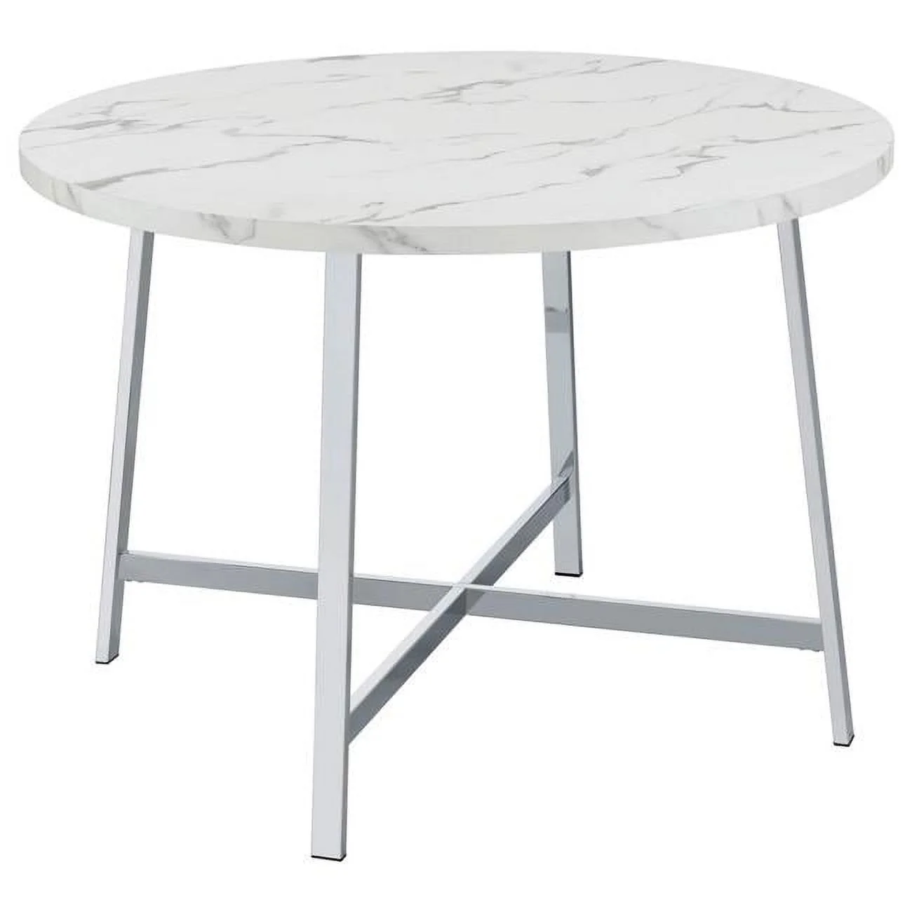 Benjara  45 in. Faux Carrara Round Marble Top Dining Table with Metal Legs, White, Chrome & Gray