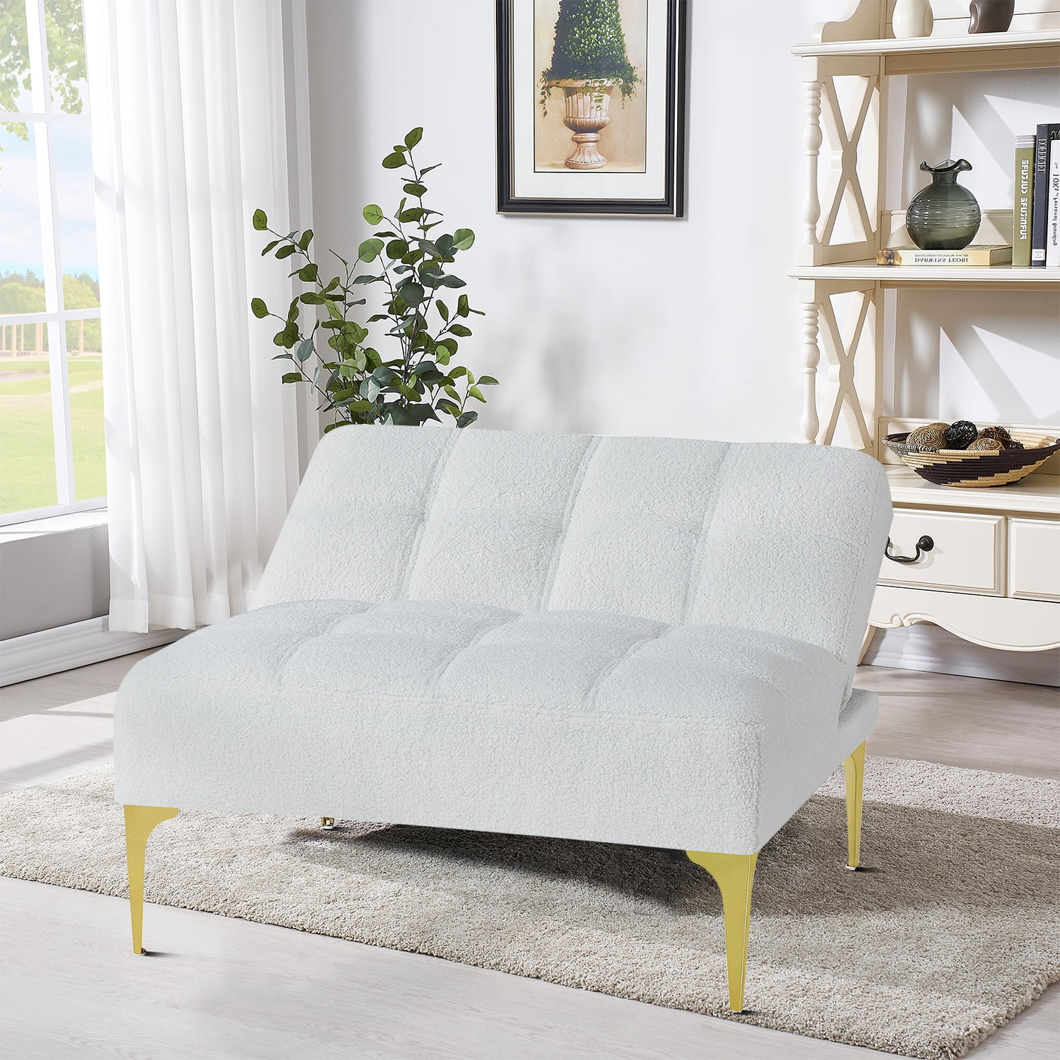 Simple and Leisure Style Teddy Fabric Upholstered Futon Sofa with A Pillow and Gold Metal Legs for Living Room, Bedroom, White