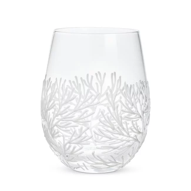 Abbott Collection  5 in. Coral Branch Stemless Wine Glass, Clear & White