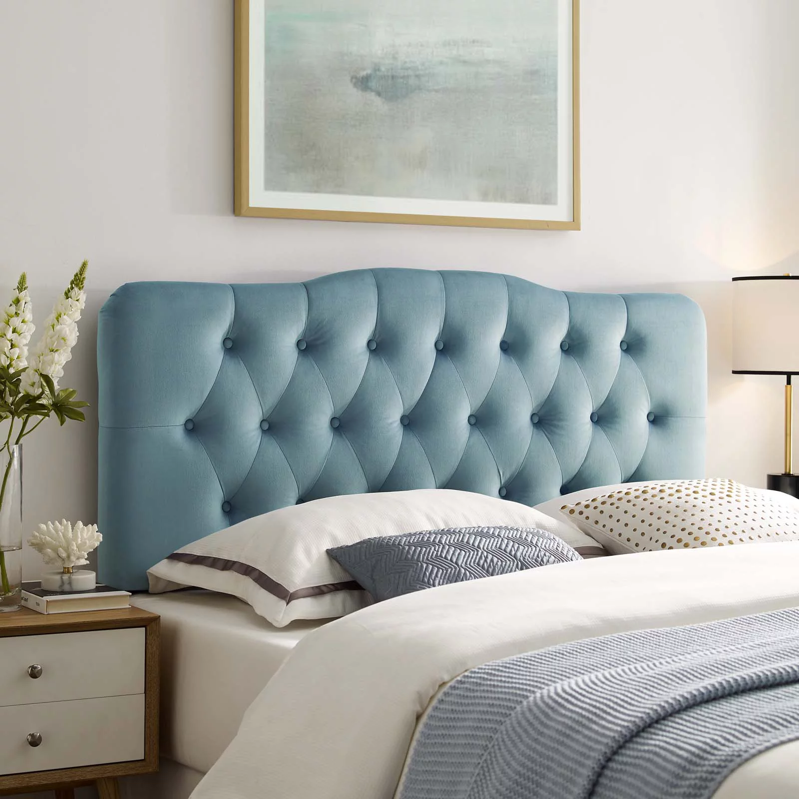 Contemporary Modern Urban Designer Bedroom Queen Size Tufted Headboard, Velvet Fabric, Light Blue