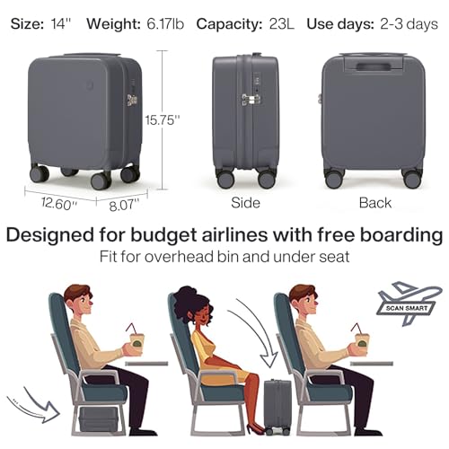 mixi Upgrade Carry on Luggage 14 Inch Underseat Personal Item Suitcases with Spinner Wheels, Hardside Rolling Suitcase PC with TSA Lock Lightweight Travel Case, Fine Grid Black