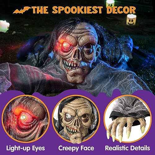JOYIN Halloween Zombie Decorations Outdoor, Halloween Groundbreaker Outside Decor, Hanging Zombie Prop with Green Face and Lighted Eyes for Graveyard, Haunted House, Lawn, Yard, Indoor Decor