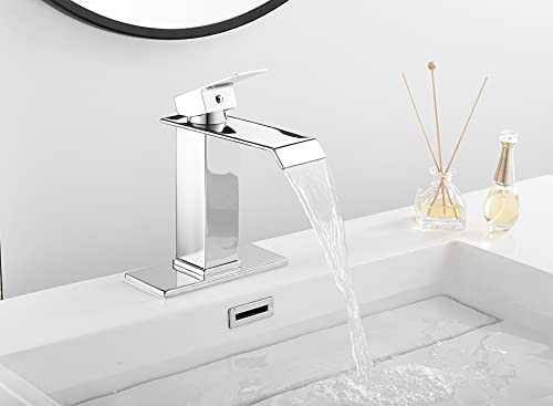 White Gold Faucet Bathroom Vessel Sink Golden Waterfall Spout Faucet Single Handle Bowl Sink Faucet Modern Single Hole Basin Vanity Tall Bathroom Sink Faucet with Pop Up Drain Stopper Supply Hose