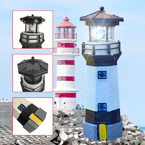 Black and White Solar Lighthouse, Rotating LED Lighthouse Decorative Lights, Courtyard Waterproof Landscape Lights, Outdoor Solar Lamp Resin Crafts As Gifts for Friends.