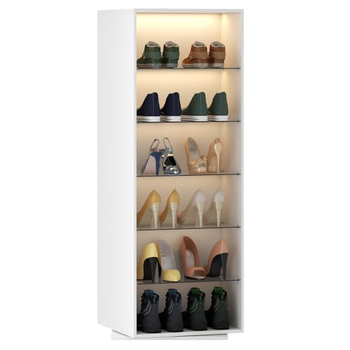 Rotating Shoe Rack with Sensor Light, Spinning Shoe Rack Tower with Glass Shelves, 360°Revolving Shoe Storage Organizer Lazy Susan Shoe for Entryway, Hallway, Living Room (White)
