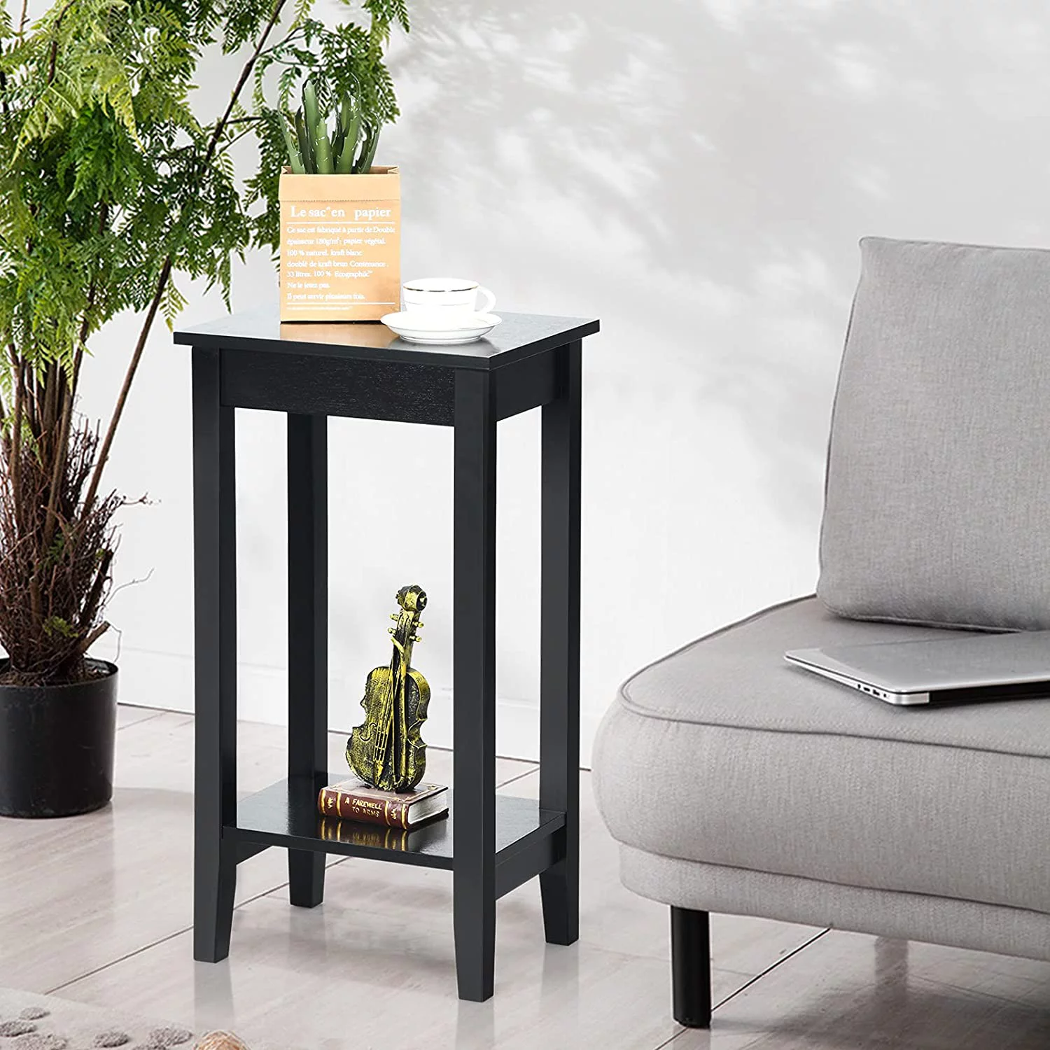2-Tier End Table Tall Nightstand, Simple Design Sofa Bedside Table with Versatile Shelf and Wooden Legs for Small Spaces, Living Room, Study, Bedroom, Narrow Telephone Table, Black