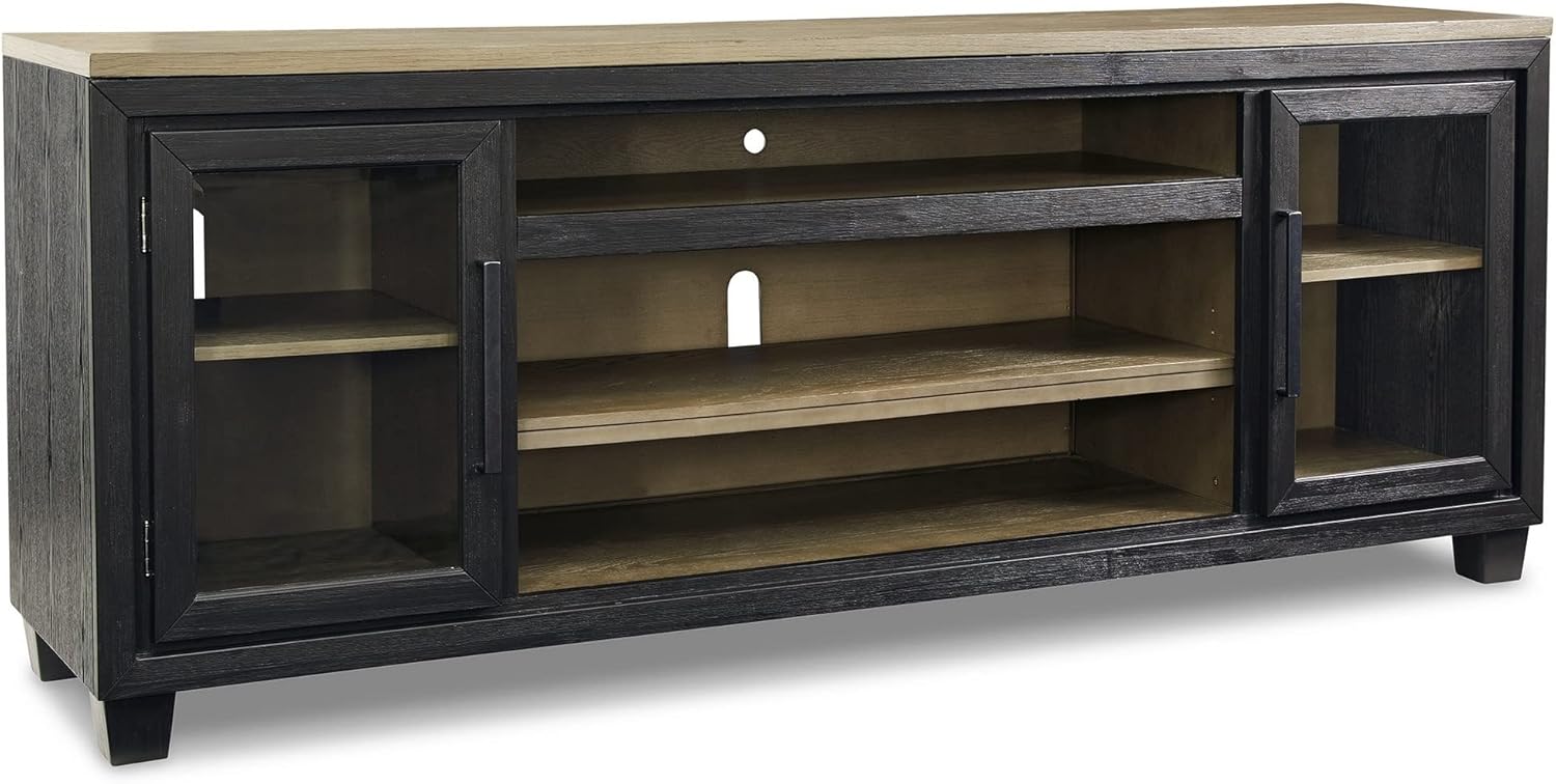 Benjara 83 Inch TV Entertainment Media Console, 2 Door, Wood, Glass, Black and Brown