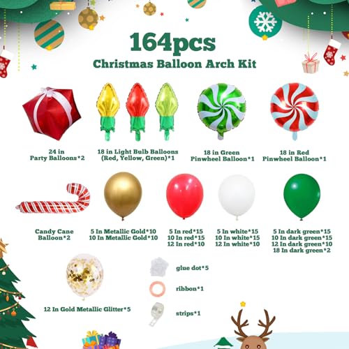 164Pcs Christmas Balloon Garland Arch Kit with Red White Gold balloons Candy Cane Gift Box Foil Balloons for Christmas Party Decorations New Year Party Supplies