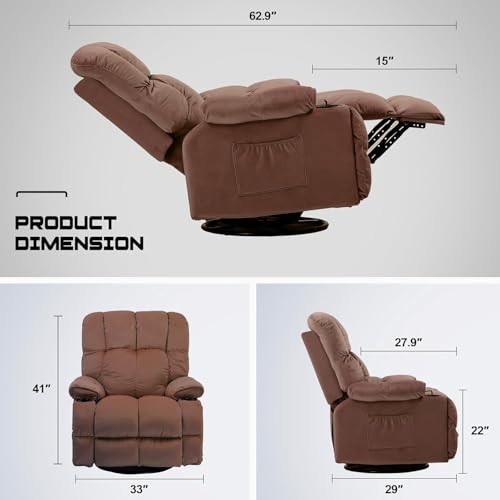 COMHOMA Recliner Chair, Swivel Rocker Recliner with Cup Holders, Heat and Massage, Fabric Recliners Sofa for Living Room (Brown)
