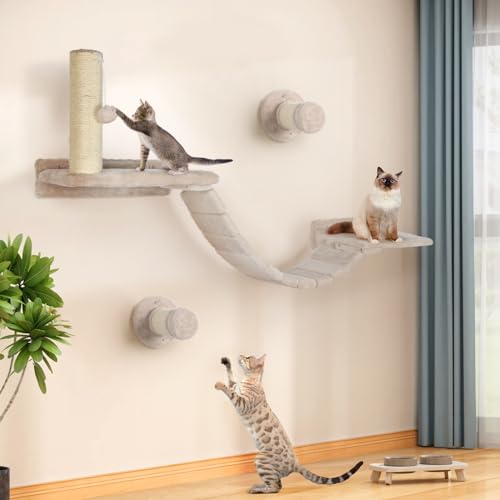 Cat Wall Shelves - 7 Pcs Luxury Wall-Mounted Cat Furniture Set, Including 2 Shelves, 2 Solid Wood Steps, 1 Bridge Ladder, 1 Sisal Scratcher Post, 1 Hanging Ball for Large Cats