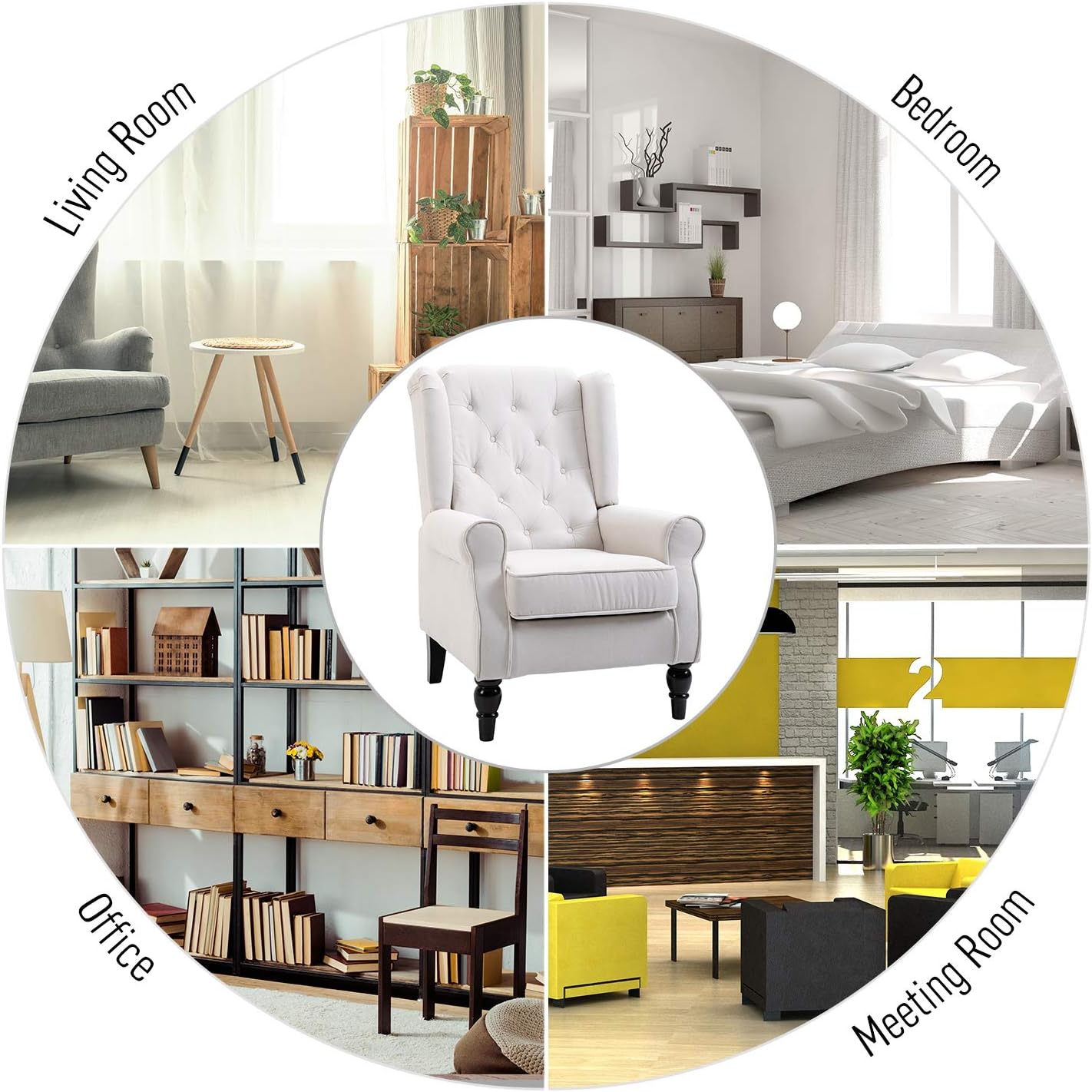 HOMCOM Button-Tufted Accent Chair with High Wingback, Rounded Cushioned Armrests and Thick Padded Seat, Set of 2, Cream White