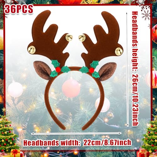 36 Pcs Christmas Reindeer Antler Headbands with Bell Deer Ears Headband Costume Bulk Felt Antlers Hair Hoop Decor(Classic Style)
