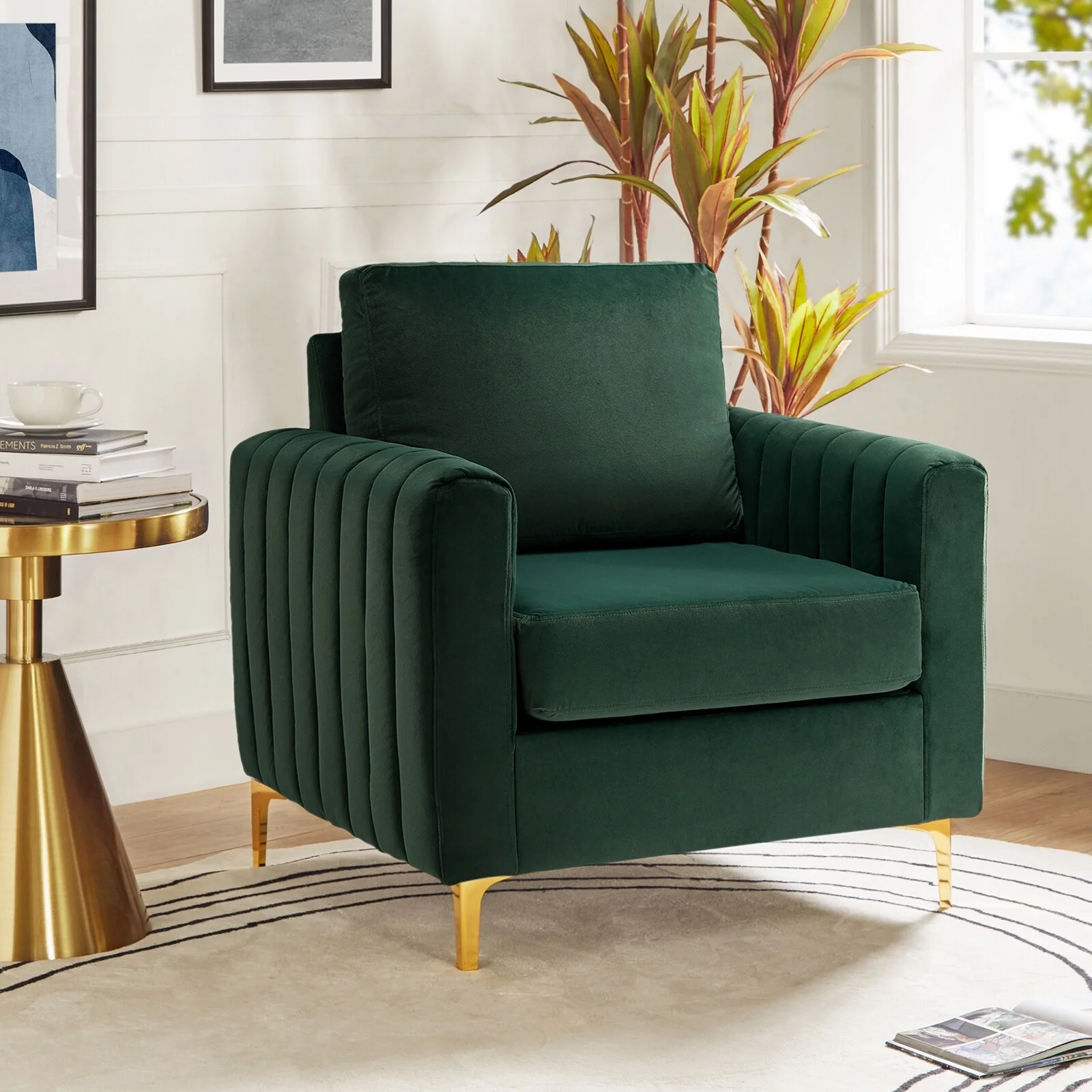 HULALA HOME Ganymedes Modern Velvet  Accent Arm Chair with Golden Legs by  GREEN