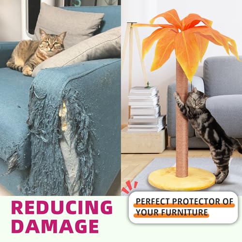 Meowoou Cat Scratching Post with Hanging Ball,33 inch Tall Cute Cat Toys for Indoor Cats with Sisal Rope,Palm Decor Cat Tree Tower for Kitten Scratcher Green