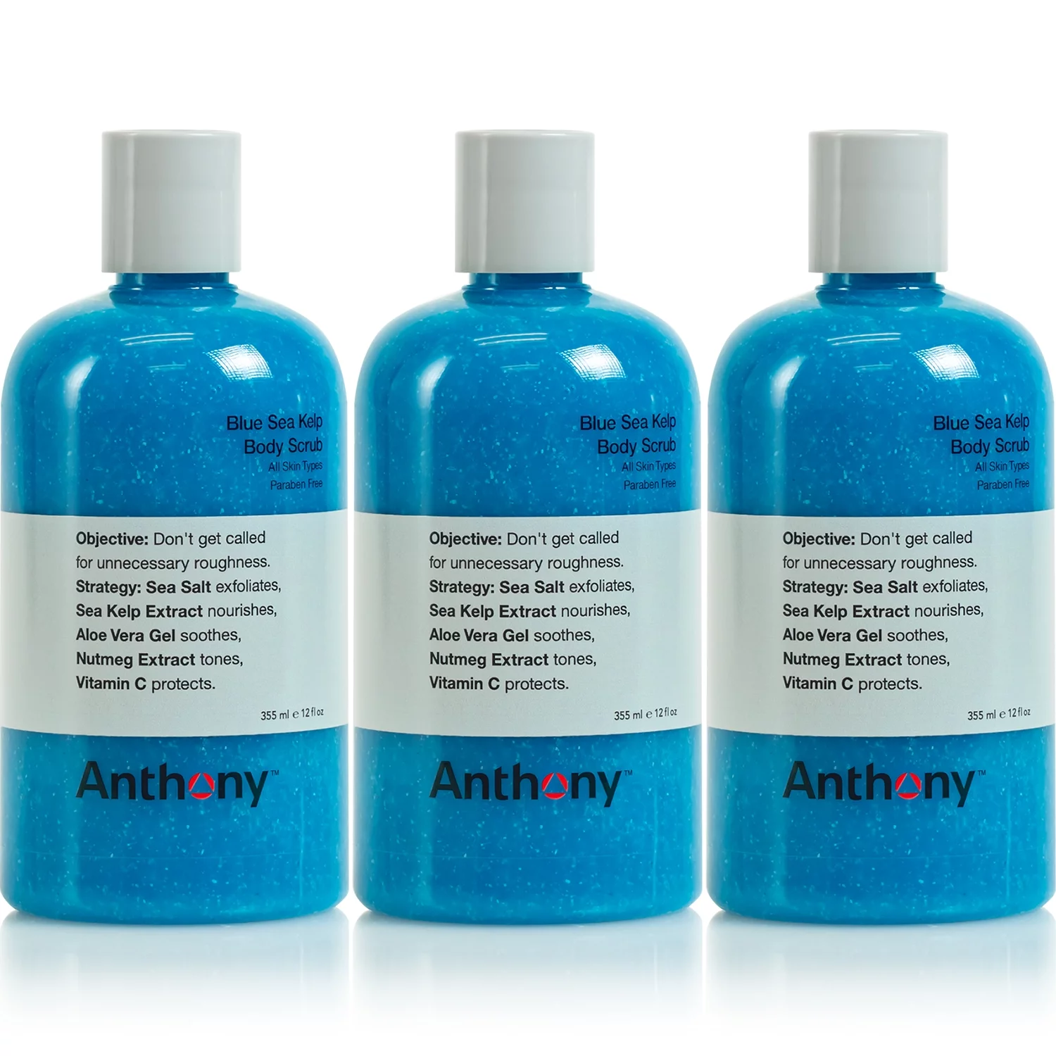 Anthony Exfoliating Body Scrub – Sea Salt, Vitamin C, and Aloe Vera Deep Cleans, Smooths Rough Patches & Soothes and Protects Skin – Blue Sea Kelp Body Wash 12 Fl Oz Pack of 3