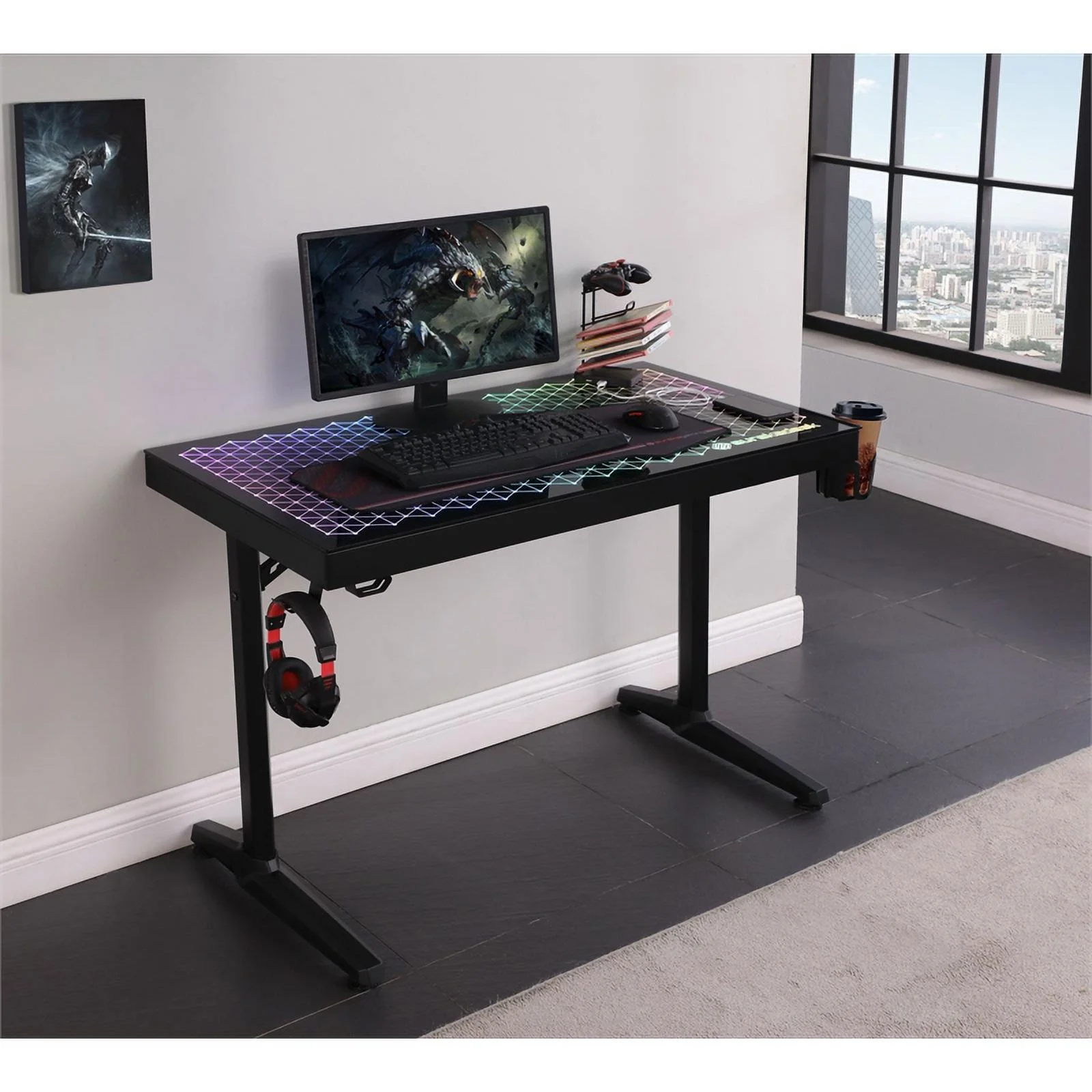 Pemberly Row Modern Metal Gaming Desk with Tempered Glass Top in Black
