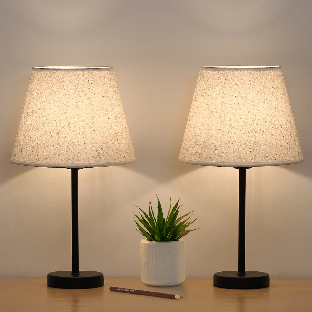 Set of 2 Haitral Modern Black Metal Bedside Lamp with White Linen Shade