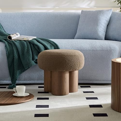 RUNFAYBIU MEETAKING Small Round Foot Stool  Teddy Fabric Footrest Ottoman Stool with Non-Skid Legs  Modern Footstools Step for Couch  Desk  Office  Living Room (Brown)