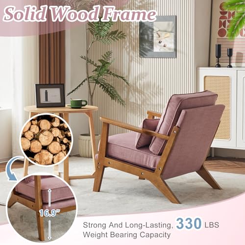 VINGLI Solid Wood Wide Armrests Accent Chair,Upholstered Mid Century Modern Chair with Pillow,Comfy Reading Chair Farmhouse Arm Chair,Chairs Living Room,Bedroom,Guest Room,Linen Fabric,Beige