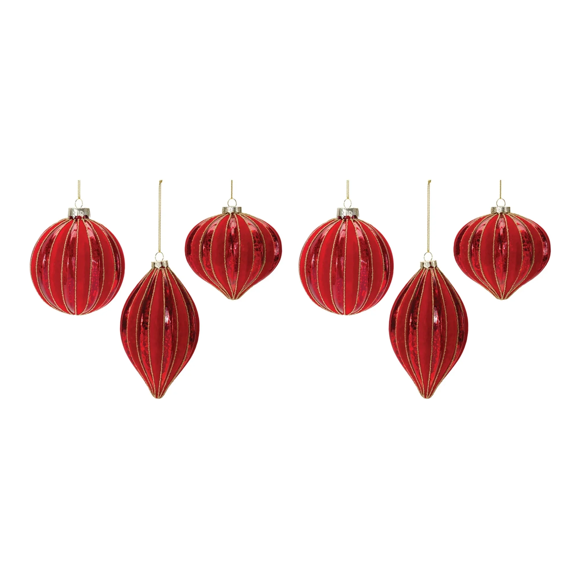 Melrose Set of 6 Red Ribbed Mercury Glass Onion, Ball and Drop Christmas Ornaments 6