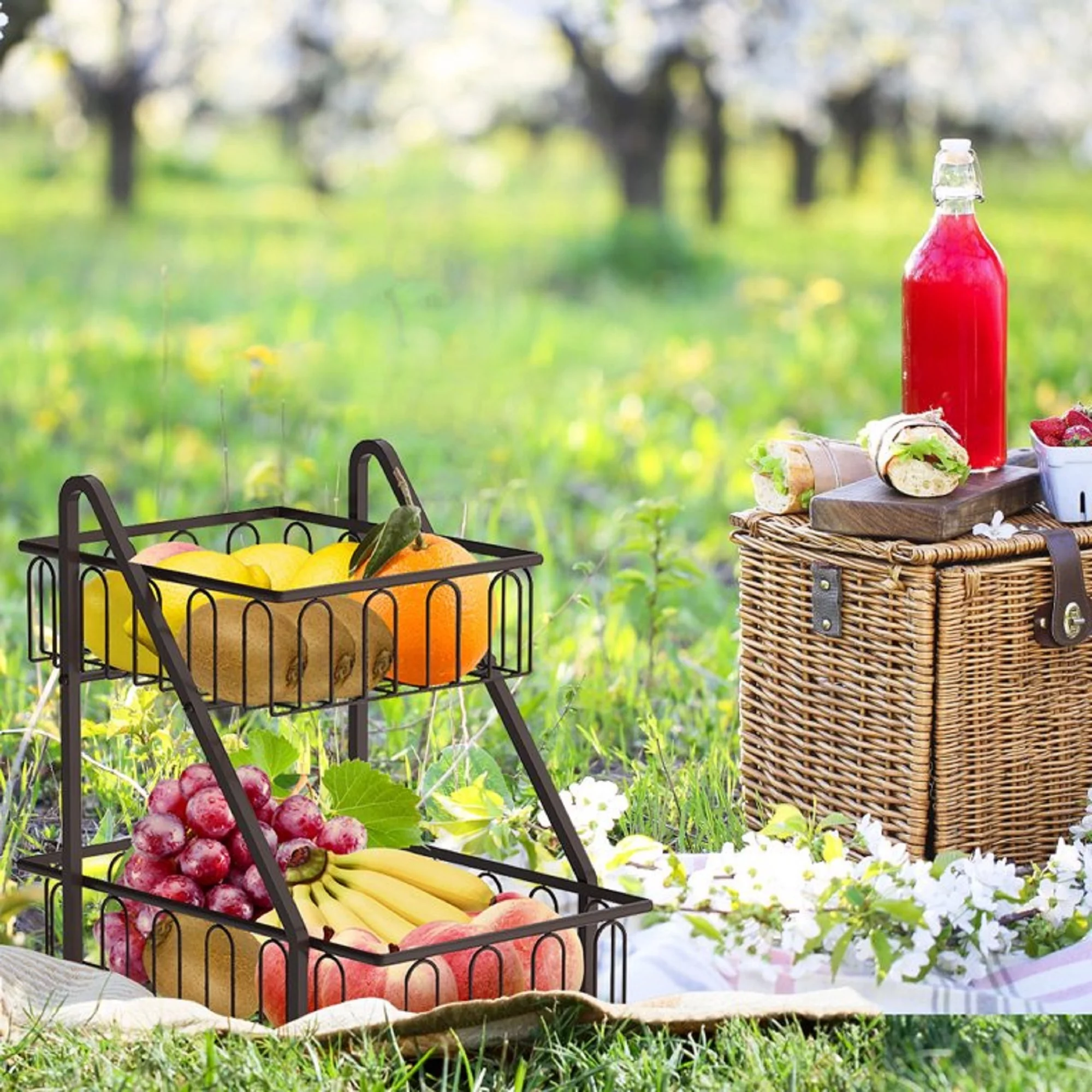 Dubbin Fruit Basket Bowl and Vegetable Bread Storage Metal Basket for Kitchen Countertop Bronze 2 Tier