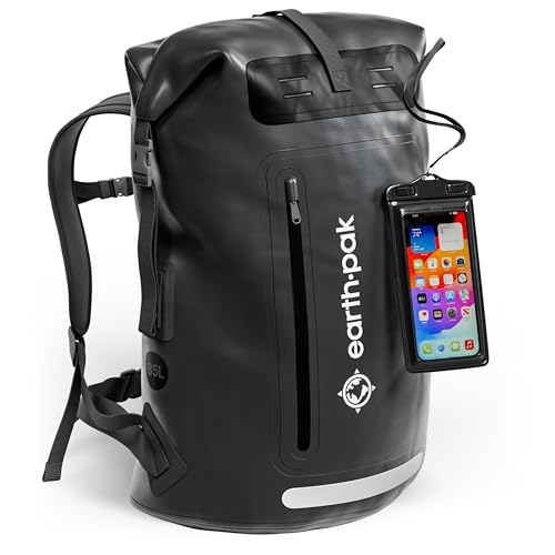 Earth Pak Waterproof Backpack - Heavy Duty Hiking Backpack - Roll-Top Closure - Waterproof Bag - Cushioned Dry Bags Waterproof w/ IPX8 Waterproof Phone Case - Wet Bag for Hiking, Kayak(Black, 35L)