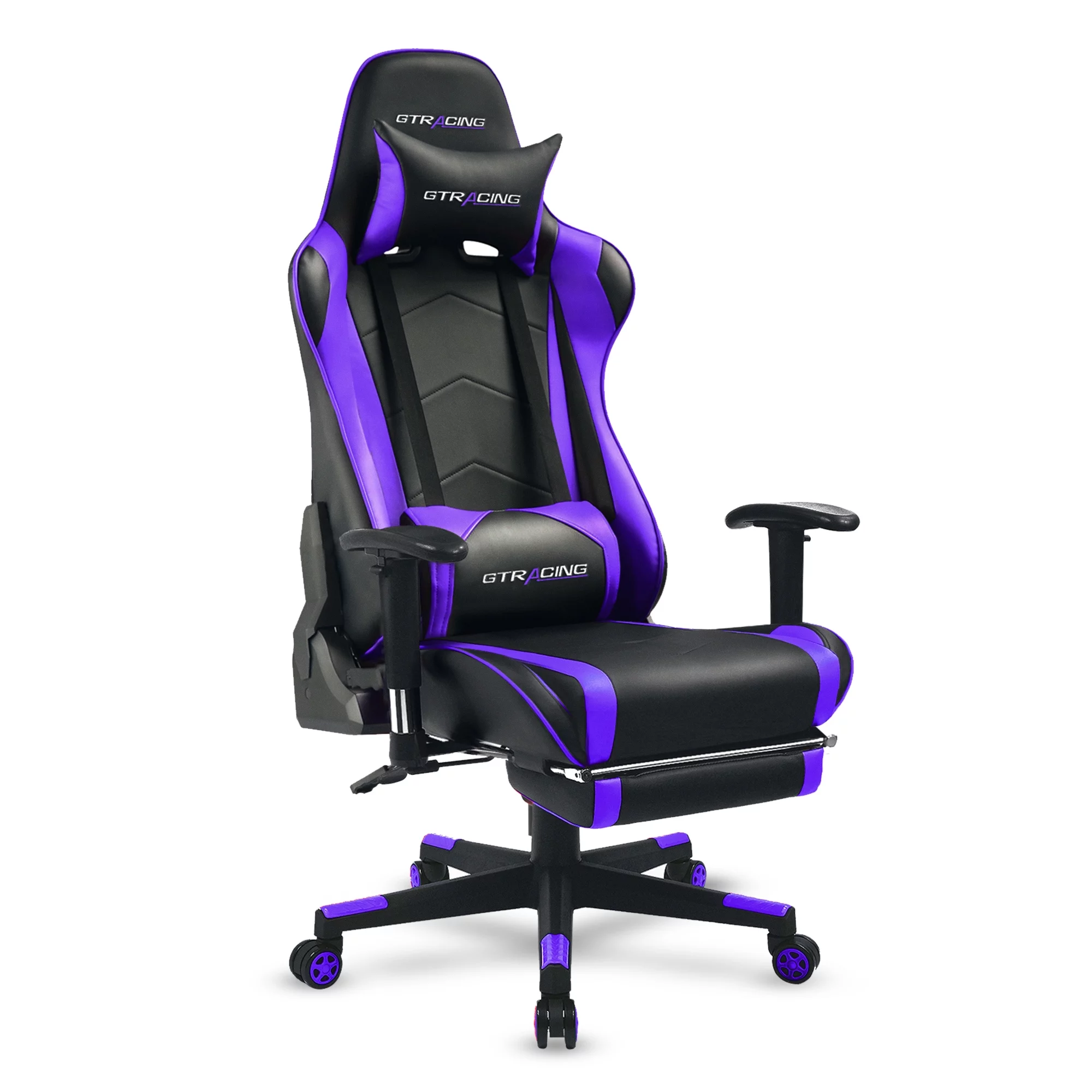 GTRACING Gaming Chair with Footrest PU Leather Office Chair with Adjustable Headrest, Purple