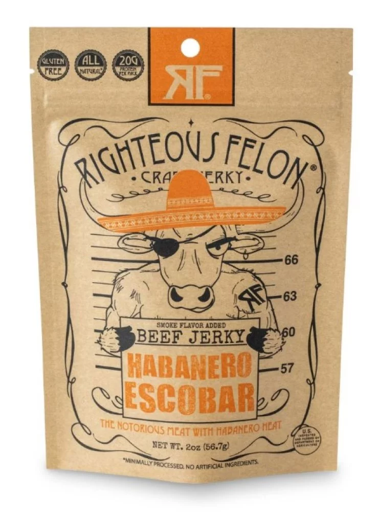 Righteous Felon Gluten Free Habanero Escobar Beef Jerky 2oz Resealable Bag