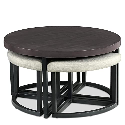 Steve Silver Furniture Yukon Coffee Table w/Stools, Iron Base, Mindi Veneers, Engineered Hardwoods, and Upholstered Seating, for Living Room/Kids Room, 36