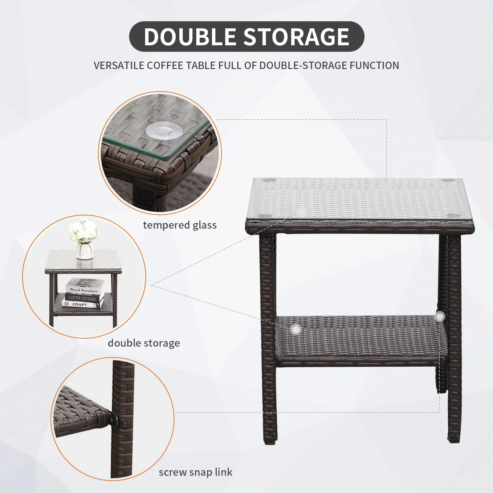 KINSUITE 3Pcs Outdoor Rattan Wicker Rocking Chair Patio Bistro Set Conversation Furniture with Glass Coffee Table, Khaki Cushion