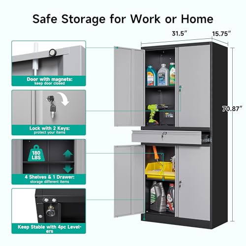 SISESOL Metal Storage Cabinet with Wheels,75 inch Tall Rolling Garage Storage Cabinet with Lock,Black Metal Cabinets with Wheels and Shelves,Deep Heavy Duty Tool Locker for Garage,Home,Office,Shop