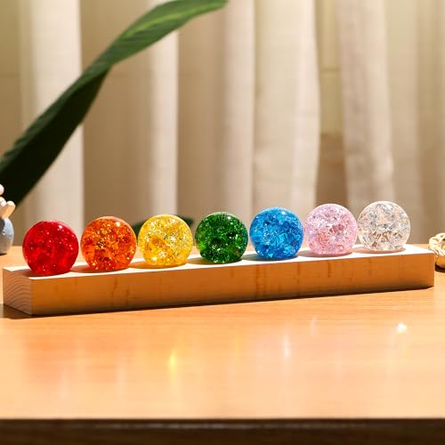 Ornalrist 7 Chakra Crystal Ball Ice Cracks Spheres with Wooden LED Light Base - 40mm Crystal Balls Set for Meditation Positive Energy Night Light Home Decoration
