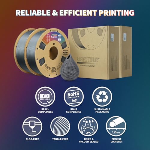 OVERTURE PLA Filament 1.75mm PLA 3D Printer Filament, 2kg Cardboard Spool (4.4lbs), Dimensional Accuracy +/- 0.02mm, Fit Most FDM Printer (Black 2-Pack)