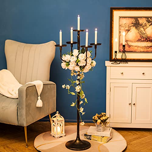 Sziqiqi Black Floor Candelabra Centerpiece 5-arm 48inch Tall Candle Holders for Candlesitcks Taper Pillar Candles Metal Floral Centerpieces Stand Halloween Wedding Party Event Decoration