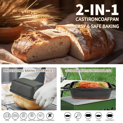 9x5-inch cast iron bread pan with lid homemade bread pan, /sourdough baking pan/comes with 2 bread mats for even heat distribution. Suitable for baking bread, meatloaf and cakes. 2-piece set.