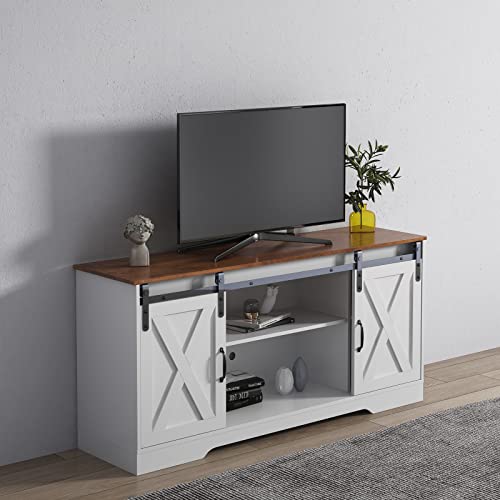 Farmhouse Wood TV Stand, Entertainment Center for Televisions up to 65 Inchs with Sliding Barn Doors, Media Furniture with Storage Cabinets for Living Room, 59 Inch, White & Rustic