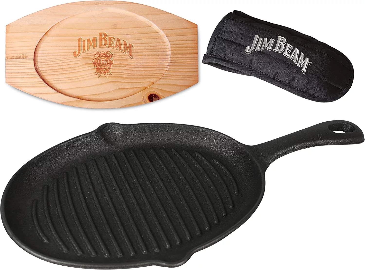 Jim Beam Jb0159 Cast Iron Skillet With Wooden Plate and Handle Cover