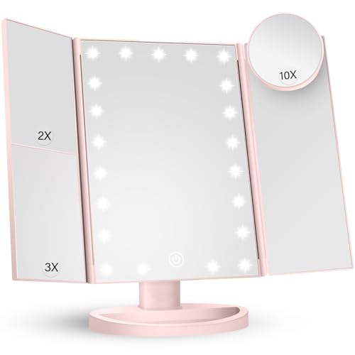 HUONUL Makeup Mirror Vanity Mirror with Lights, 2X, 3X, 10X Magnification, Touch Control, Trifold, White, 9.4