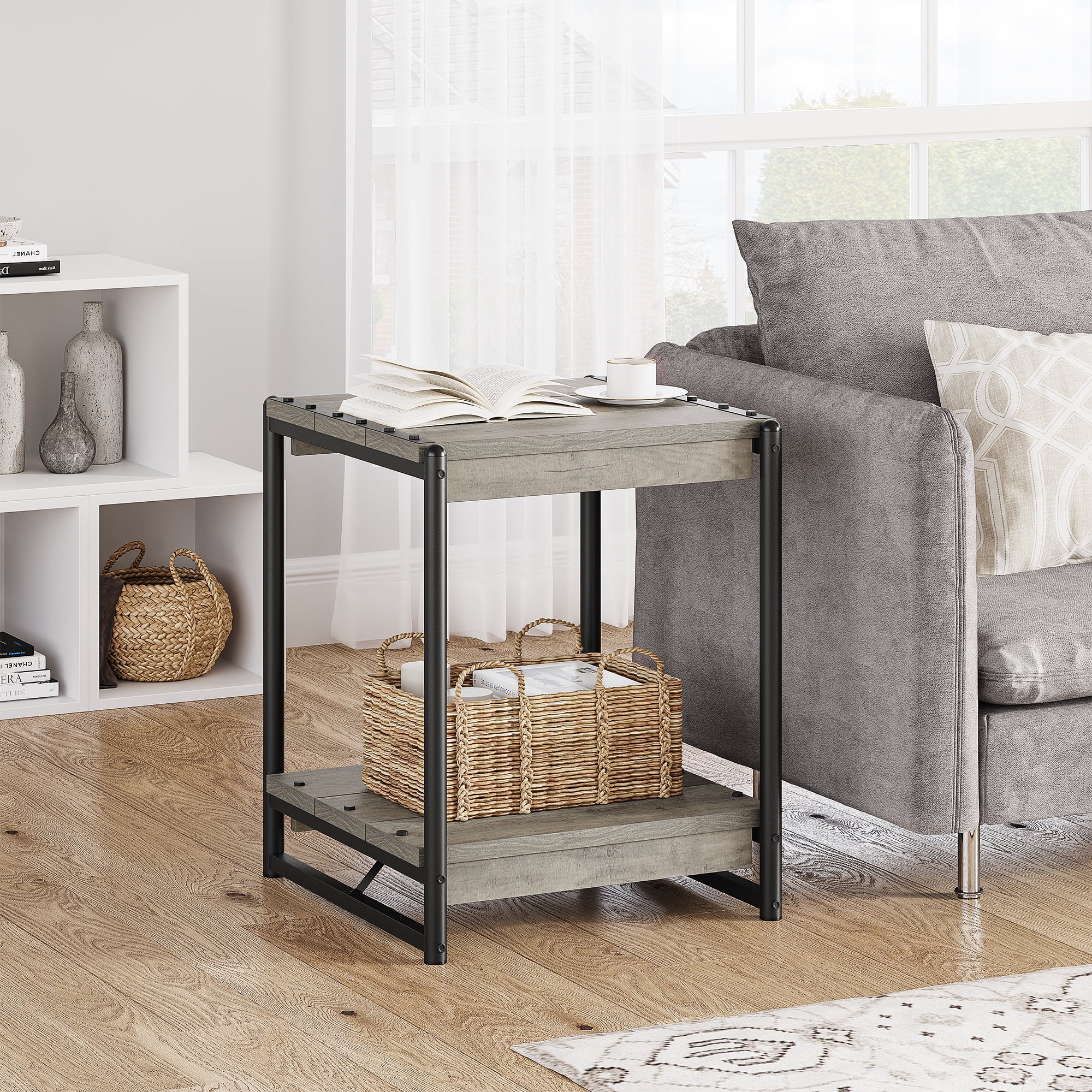 Fashionwu Wood End Table, Industrial Side Table with Storage Shelf, Easy Assemble 19.6 Square End Table with Sturdy Frame, Nightstand Table for Small Spaces, Living Room, Bedroom, Grey