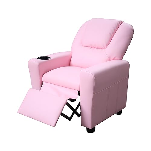 Modern PU Leather Kids Recliner Chair with Cup Holder, Adjustable 2-in-1 Kids Single Couch for Boys Girls (Pink)