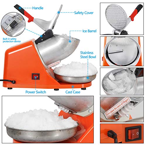 Electric Ice Shaver Machine Ice Crusher,Stainless Steel Blade Snow Cone Maker Machine with Ice Plate,143lbs/hr for Home and Commercial Use Shaved Ice Machine(300W 2000r/min) (Orange)