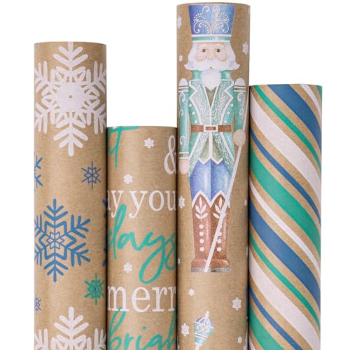 RUSPEPA Christmas Kraft Wrapping Paper - Owl, Reindeer, Christmas Ball and Text Design - 4 Rolls - 30 inches x 10 feet per Roll