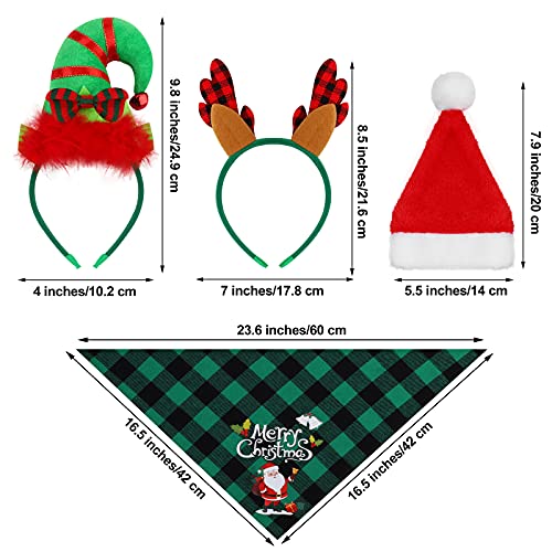 Pedgot 6 Pack Pet Costume Accessories Christmas Classic Buffalo Plaid Pet Scarf Pet Xmas Reindeer Antlers Headband with Ears Adjustable Xmas Dog Santa Hat for Pets Decor