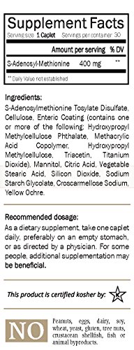 Nature's Trove SAM-e 400mg 30 Enteric Coated Caplets. Vegan, Kosher, Non-GMO, Soy Free, Gluten Free - Mood and Joint Support - Cold Form Blister Packed.