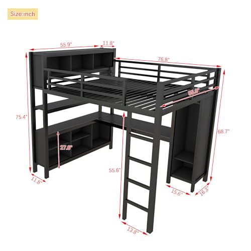JYH Full Size Loft Bed for Teens and Adults, Metal Loft Bed with Wardrobe and L-Shaped Desk, Heavy Duty Full Bed with Storage Cubes and Shelves, Space-Saving & Noise-Free, Easy Assembly, Black
