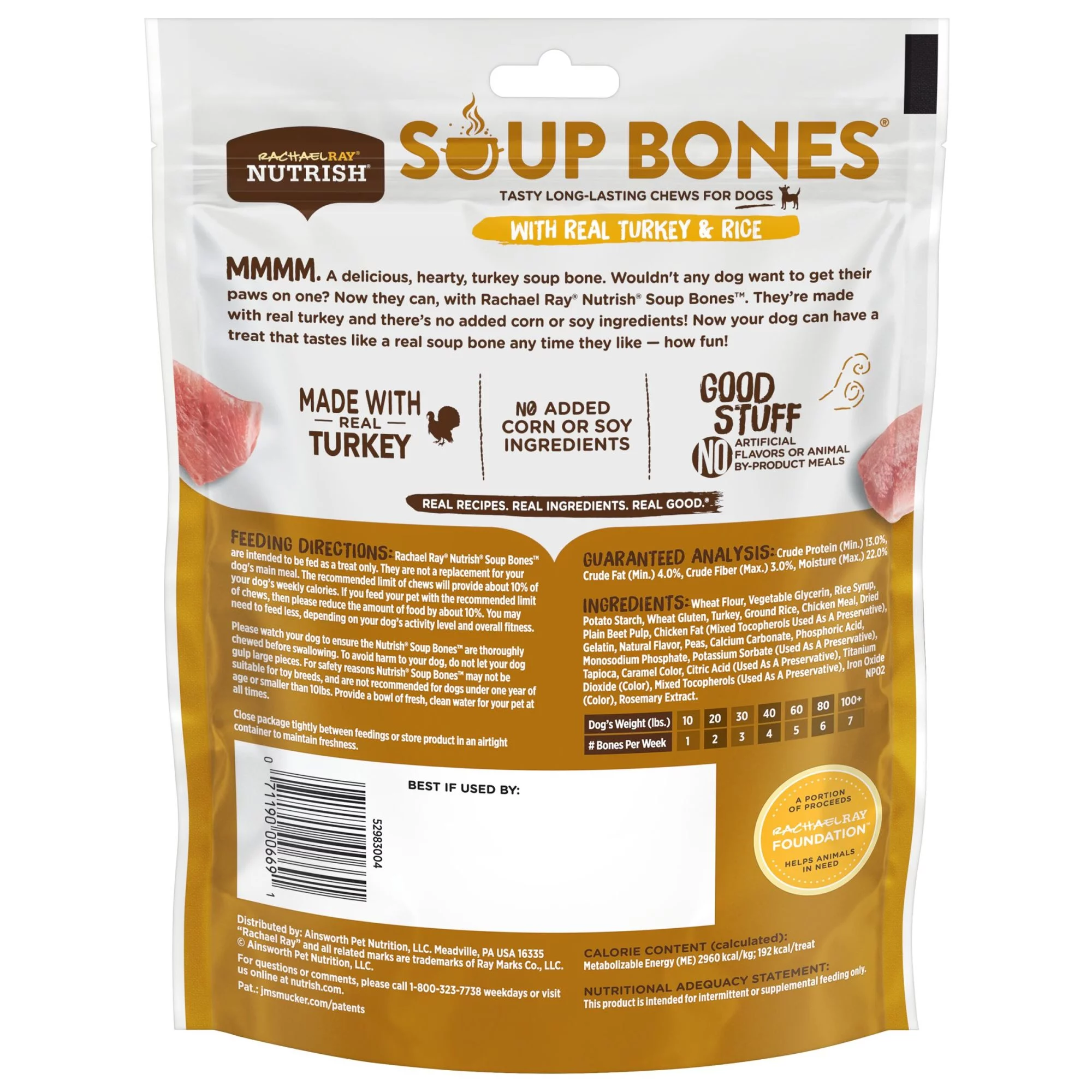 Rachael Ray Nutrish Soup Bones Dog Chews With Real Turkey & Rice, 3 Dog Chews
